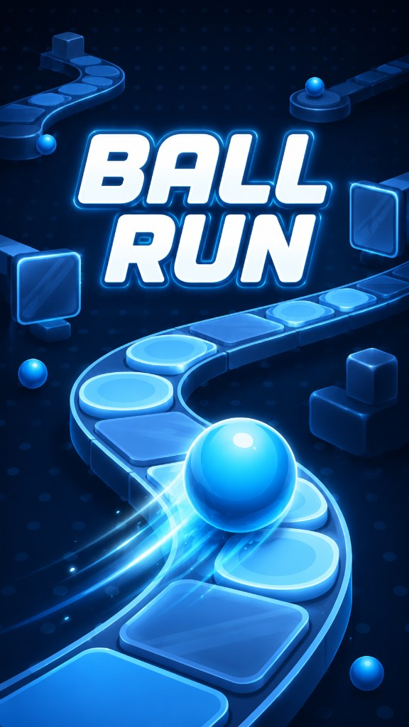 Ball Run splash — glowing blue ball on a neon track